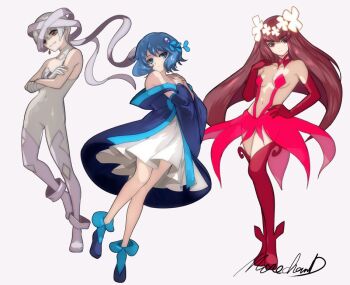 3girls blue_eyes blue_hair blue_shoes bodysuit boots breasts closed_mouth dress elbow_gloves flower gloves hair_flower hair_ornament hanayo_(wixoss) looking_at_viewer moreshan multiple_girls official_art piruluk red_dress red_eyes red_gloves red_hair shoes small_breasts smile thigh_boots ulith_(wixoss) white_bodysuit white_boots white_dress wixoss