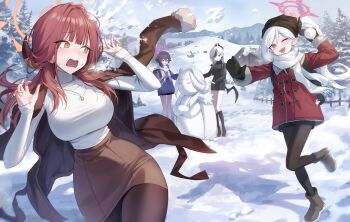 4girls absurdres alternate_costume aru_(blue_archive) backpack bag beanie black_boots black_dress black_hair black_horns black_jacket black_pantyhose blue_archive boots breasts brown_coat brown_eyes brown_pantyhose brown_skirt building_snowman character_snowman coat coat_on_shoulders commentary cropped_jacket day demon_horns demon_wings dress dripping_eye fence fur-trimmed_jacket fur-trimmed_sleeves fur_trim halo haruka_(blue_archive) hat highres holding holding_snowball horns jacket jewelry kayoko_(blue_archive) large_breasts long_hair motion_blur mountainous_horizon multicolored_hair multiple_girls mutsuki_(blue_archive) necklace okkimon one_eye_closed open_mouth orange_halo outdoors panicking pantyhose pink_halo pointy_ears ponytail purple_eyes purple_hair purple_halo purple_jacket red_eyes red_jacket ring ring_necklace scarf shirt single_tear single_wing skirt smile snow snowball snowball_fight tree turtleneck turtleneck_shirt two-tone_hair white_hair white_halo white_scarf white_shirt wide_hips wings winter