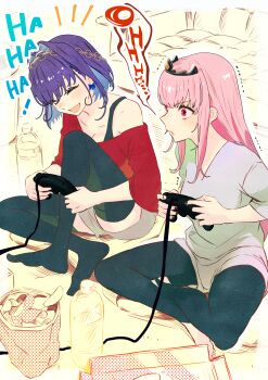 2girls absurdres alternate_costume black_bra black_leggings blue_hair blush bottle bra chips_(food) commentary_request controller feet food game_controller grey_shirt hair_intakes highres holding holding_controller holding_game_controller hololive hololive_english iris_(tb33064667) laughing leggings long_hair mori_calliope multiple_girls no_shoes off_shoulder ouro_kronii pink_hair playing_games potato_chips red_eyes red_shirt shirt short_hair tiara underwear v-neck virtual_youtuber
