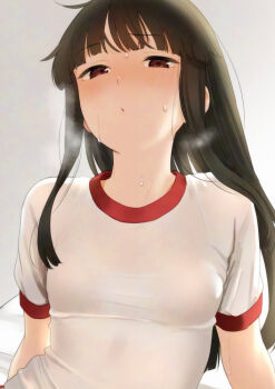 1girl adversarial_noise alternate_costume black_hair blunt_bangs blush breasts commentary_request gym_shirt gym_uniform hatsuyuki_(kancolle) kantai_collection long_hair long_sidelocks looking_at_viewer red_eyes sakiecho shirt short_sleeves sidelocks small_breasts solo sweat tight_clothes tight_shirt upper_body white_background white_shirt