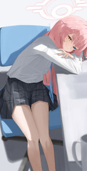 1girl :3 absurdres black_skirt blue_archive blue_eyes blue_necktie blush chair closed_mouth commentary_request crossed_arms desk feet_out_of_frame film_grain fingernails hair_between_eyes hair_over_shoulder half-closed_eyes heterochromia highres hoshino_(blue_archive) indoors ixia559 leaning_to_the_side long_hair long_sleeves looking_at_viewer miniskirt necktie office_chair on_chair on_desk outstretched_legs partial_commentary pink_hair plaid_clothes plaid_skirt school_uniform shirt sitting skirt smile solo swivel_chair thighs very_long_hair white_shirt yellow_eyes