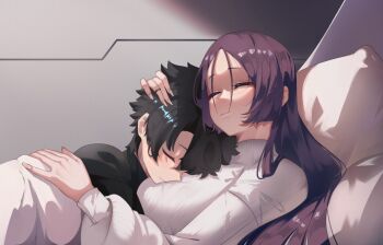 1boy 1girl bed couple cuddling fate/grand_order fate_(series) fujimaru_ritsuka_(male) headpat hug jewelry minamoto_no_raikou_(fate) on_bed pillow purple_hair ring sleeping slob_slime smile wedding_ring