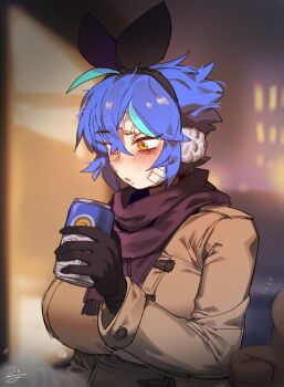 1girl alcohol averting_eyes bandage_on_face bandages beer beer_can black_gloves blue_hair blush breasts can commentary dif_(difman) difman drink_can earmuffs english_commentary gloves hair_ribbon highres large_breasts original pov pov_hands ribbon scarf short_hair thumbs_up upper_body very_short_hair winter_clothes
