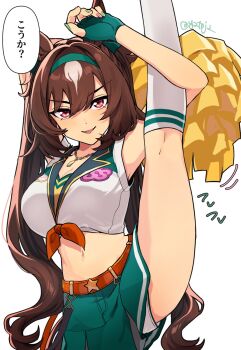:d animal_ears arm_up arms_behind_head belt breasts cheerleader cleavage commentary_request cowboy_shot cropped_shirt finger_gun gloves green_gloves green_hairband green_nails green_skirt hair_between_eyes hairband highres horse_ears horse_girl jewelry kneehighs kneepits large_breasts leg_up looking_at_viewer miniskirt navel necklace open_mouth pom_pom_(cheerleading) red_belt red_eyes shirt sirius_symboli_(umamusume) skirt sleeveless sleeveless_shirt smile socks split standing standing_on_one_leg standing_split stomach toji_(y2toj2) translation_request twintails umamusume v-shaped_eyebrows white_background white_shirt white_socks