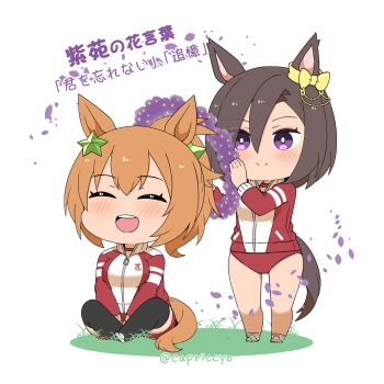 2girls :d ^_^ air_groove_(umamusume) animal_ears black_thighhighs blush bow brown_hair buruma capriccyo closed_eyes closed_mouth commentary_request ear_bow flower flower_wreath gym_shirt gym_shorts gym_uniform hair_between_eyes head_wreath highres horse_ears horse_girl horse_tail jacket multiple_girls open_mouth petals ponytail purple_eyes purple_flower red_buruma red_jacket red_shorts shirt shoes shorts sitting smile socks standing taiki_shuttle_(umamusume) tail thighhighs track_jacket translation_request umamusume white_background white_shirt white_shoes white_socks yellow_bow
