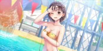 1girl bikini blue_reflection_(series) blue_reflection_sun blunt_ends blurry blurry_background braid breasts brown_eyes brown_hair collarbone covering_breasts covering_privates dutch_angle floral_print floral_print_bikini game_cg hand_on_own_forehead highres hoshiya_kanna kishida_mel large_breasts looking_at_viewer navel non-web_source official_art one_eye_closed open_mouth pool print_bikini short_hair solo spaghetti_strap string_of_flags swimsuit tearing_up twin_braids untied_bikini_top wading wardrobe_malfunction water_slide waterpark wet yellow_bikini