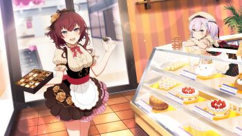 Rule 34 | 2girls, :d, apron, beret, blue eyes, blush, bow, bowtie, box, box of chocolates, breasts, brown hat, brown shirt, brown skirt, cake, center frills, chocolate, crossed arms, food, frills, game cg, hair ornament, hat, holding, holding box, indoors, konohana suzuka, looking at viewer, medium breasts, medium hair, multiple girls, non-web source, official art, open mouth, pink hair, pink skirt, puffy short sleeves, puffy sleeves, red bow, red bowtie, red hair, shirt, short sleeves, skirt, smile, standing, strawberry cake, striped clothes, striped shirt, toji no miko, toji no miko: kizamishi issen no tomoshibi, tsubakuro yume