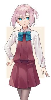 1girl black_pantyhose blue_eyes bow bowtie cosplay cowboy_shot hair_between_eyes halterneck highres kantai_collection looking_at_viewer pantyhose pink_hair ponytail school_uniform shiranui_(kancolle) shirt simple_background solo u_yuz_xx white_shirt yuugumo_(kancolle) yuugumo_(kancolle)_(cosplay)