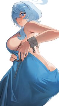 1girl absurdres ako_(blue_archive) ako_(dress)_(blue_archive) ao_tsukushi ass backless_dress backless_outfit blue_archive blue_dress blue_eyes blue_hair blue_halo blush breasts butt_crack commentary_request dress halo highres jewelry large_breasts long_hair looking_at_viewer official_alternate_costume sideboob simple_background sleeveless sleeveless_dress solo