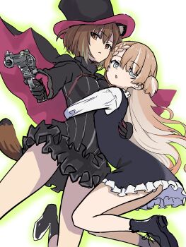 Rule 34 | 2girls, absurdres, ange (princess principal), ange (princess principal) (cosplay), animal ear fluff, animal ears, black gloves, black shoes, blonde hair, blue eyes, braid, breasts, brown eyes, brown hair, colored inner hair, commentary, cosplay, cyon hart, dress, english commentary, frilled dress, frills, frown, gloves, green outline, gun, hair between eyes, hat, highres, holding, holding gun, holding weapon, hug, medium breasts, meeta osita, multicolored hair, multiple girls, outline, princess (princess principal), princess (princess principal) (cosplay), princess principal, raccoon ears, raccoon girl, raccoon tail, second-party source, shoelaces, shoes, streaked hair, tail, takerou, top hat, v&amp;u entertainment, virtual youtuber, weapon, white background
