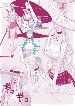 1girl absurdres ajiaji_op blue_hair charlotte_amande choker cigarette commentary_request dress floating_hair full_body highres holding holding_sword holding_weapon large_hat long_hair long_neck looking_at_viewer lying multiple_views on_stomach one_piece striped_clothes striped_dress sword vertical-striped_clothes vertical-striped_dress weapon