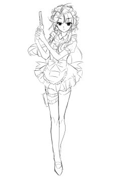 Rule 34 | . (kusvekoxa), 1girl, ahoge, alternate costume, apron, commentary, dress, frilled apron, frills, full body, greyscale, gun, handgun, hands up, highres, holding, holding gun, holding weapon, liang yue (reverse:1999), long hair, looking at viewer, low twintails, maid, monochrome, pouch, puffy short sleeves, puffy sleeves, reverse:1999, short dress, short sleeves, single thighhigh, sketch, solo, standing, symbol-only commentary, thigh pouch, thighhighs, twintails, two-handed, weapon, white background