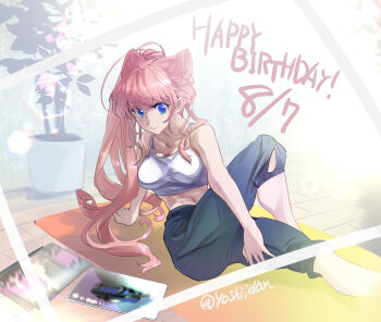 1girl bare_shoulders birthday blue_eyes breasts cleavage collarbone denim hair_between_eyes highres jeans long_hair maria_cadenzavna_eve navel pants pink_hair senki_zesshou_symphogear solo very_long_hair yoshii_dan