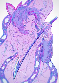 1girl anger_vein animal_print butterfly_hair_ornament butterfly_print closed_mouth commentary_request curtained_hair hair_ornament haori highres holding holding_sword holding_weapon japanese_clothes kimetsu_no_yaiba kochou_shinobu looking_at_viewer meganeee31 parted_bangs print_haori purple_theme short_hair simple_background solo sword upper_body weapon white_background