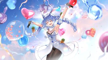 1girl ^_^ absurdres animal_ear_fluff animal_ears armpits balloon black_gloves black_leotard black_pantyhose blue_hair blush bow braid breasts carrot_hair_ornament chan100577 closed_eyes cloud cloudy_sky coat commentary_request detached_sleeves don-chan_(usada_pekora) falling_petals food-themed_hair_ornament fur-trimmed_gloves fur_trim gloves hair_bow hair_ornament happy heart_balloon highres hololive leotard multicolored_hair open_mouth outdoors outstretched_arms pantyhose petals pocket rabbit_ears rabbit_girl short_sleeves sky sleeveless sleeveless_coat smile solo thick_eyebrows twin_braids twintails two-tone_hair usada_pekora usada_pekora_(1st_costume) virtual_youtuber white_bow white_coat white_hair