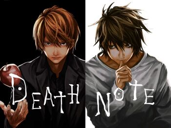 Rule 34 | 2boys, apple, baggy clothes, bags under eyes, black background, black eyes, black hair, black shirt, black suit, brown hair, closed mouth, copyright name, death note, food, formal clothes, fruit, ha ya shi ma, hair between eyes, hashtag-only commentary, highres, jacket, l (death note), long sleeves, looking at viewer, male focus, messy hair, multiple boys, no eyebrows, shirt, short hair, suit, suit jacket, thumb to mouth, upper body, white background, white shirt, yagami light