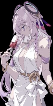 1girl absurdres alcohol alternate_costume bare_shoulders black_background blue_eyes body_markings bracelet braid breasts citlali_(genshin_impact) cleavage cowboy_shot cup dress drinking_glass facial_mark floating_headgear forehead_mark genshin_impact halter_dress halterneck headgear highres holding holding_cup jewelry limaomao long_hair medium_breasts multiple_bracelets pink_hair pink_pupils sideboob simple_background solo triangle triangle_facial_mark twin_braids white_dress wine wine_glass