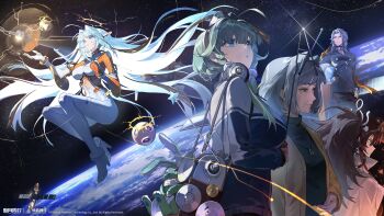 1boy 4girls absurdres ahoge black_hair black_jacket black_shirt blue_eyes blue_hair bodysuit breasts brown_jacket chinese_track_school_uniform coat coat_on_shoulders copyright_name copyright_notice earth_(planet) floating floating_hair green_hair grey_eyes grey_hair hair_intakes headphones headphones_around_neck helmet high_heels highres holding holding_unworn_helmet jacket logo long_hair mechanical_ears mofei_(xinyue_tongxing) multicolored_bodysuit multiple_girls official_art official_wallpaper old old_woman orange_bodysuit orange_coat planet ponytail radio radio_antenna school_uniform shirt shuguang_(xinyue_tongxing) space space_helmet spacecraft stuffed_animal stuffed_rabbit stuffed_toy turtleneck turtleneck_shirt two-tone_bodysuit unworn_headwear unworn_helmet very_long_hair white_bodysuit white_coat xinyue_tongxing yayin_(xinyue_tongxing)