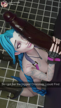 1boy 1girl 3d ahegao bathroom blue_hair dark-skinned_male dark_skin erection extrachrispy glory_hole handjob happy hetero highres huge_penis inminent_sex interracial jinx_(league_of_legends) kneeling league_of_legends nude penis penis_awe penis_grab pink_eyes smile tattoo twintails uncensored vi_(league_of_legends)