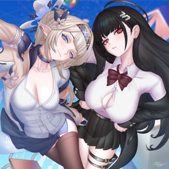 2girls absurdres black_hair black_jacket black_skirt blazer blonde_hair blue_archive blue_eyes blue_skirt bow bowtie breasts brown_thighhighs cleavage commentary_request ear_ornament earrings gloves hair_ornament hairclip halo hands_on_own_hips highres himari_(blue_archive) hisnameissky jacket jewelry large_breasts looking_at_viewer multiple_girls off_shoulder parted_lips pleated_skirt pointy_ears red_eyes ringed_eyes rio_(blue_archive) school_uniform skirt smile thighhighs