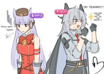 .osari 2girls animal_ears arm_pouch armband bags_under_eyes black_gloves black_horns black_jacket black_pants black_tail breasts buttons clenched_hands collared_shirt commentary crossover curled_horns demon_tail double-breasted dress english_text gloves gold_ship_(red_strife)_(umamusume) gold_ship_(umamusume) grey_hair grey_shirt hands_up headphones highres horns horse_ears horse_girl jacket jacket_on_shoulders long_hair medium_breasts multiple_girls necktie open_mouth out_of_character pants personality_switch pink_eyes pouch red_dress red_eyes red_necktie shirt shirt_tucked_in sigh smile status_effect symbol-only_commentary tail ueda_hitomi umamusume voice_actor_connection white_gloves wuthering_waves zani_(wuthering_waves)