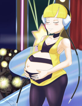 absurdres artist_request bare_shoulders black_pantyhose blonde_hair blush closed_eyes commission commissioner_upload elesa_(pokemon) hands_on_own_stomach headphones highres jewelry model navel nintendo pantyhose pencil-junkie pokemon pokemon_bw pregnant ring runway smile source_request vest wedding_ring yellow_vest