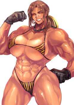2025 abs absurdres arm_up ass bandaid bandaid_on_face bandaid_on_nose bikini black_gloves breasts brown_eyes brown_hair clenched_hands collarbone commentary covered_erect_nipples cowboy_shot gloves gluteal_fold groin hand_on_own_hip hat highres large_breasts legs_apart long_hair matching_hair/eyes navel one_eye_closed sidelocks simple_background standing striped_bikini striped_clothes swimsuit takahara_minako tan the_guts! the_guts!_-maximum_maternity- toned toned_female v-shaped_eyebrows white_background wink yellow_bikini zuman_(zmnjo1440)