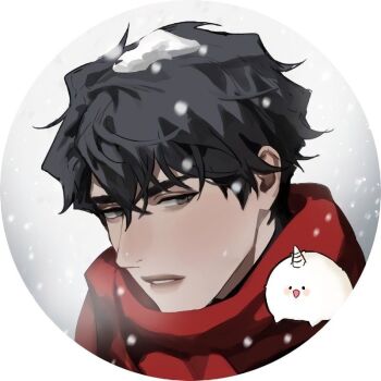 1boy aegyo_sal biyoo_(omniscient_reader&#039;s_viewpoint) black_eyes black_hair blackbox_(blackbox9158) breath curtained_hair half-closed_eyes looking_at_another male_focus omniscient_reader&#039;s_viewpoint parted_lips portrait red_scarf scarf short_hair snow snowing solo third-party_source