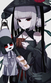 1girl absurdres bare_shoulders black_dress black_eyes blunt_bangs breasts character_doll cup doll dress fate/grand_order fate_(series) food ghost_hands grey_hair hat highres izanaware_game jingasa komahime_(exhibition_attire)_(fate) komahime_(fate) lantern long_sleeves looking_at_viewer low_twintails marshmallow sen_no_rikyu_(exhibition_attire)_(fate) sen_no_rikyu_(fate) short_hair short_twintails small_breasts solo twintails white_hair wide_sleeves