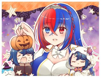 Rule 34 | 1girl, 2boys, :d, alcryst (fire emblem), blue eyes, blue hair, bow, breasts, chibi, cleavage, crossed bangs, dual persona, female alear (fire emblem), fire emblem, fire emblem engage, ghost costume, hair between eyes, heart, heterochromia, jack-o'-lantern, large breasts, long hair, long sleeves, multicolored hair, multiple boys, nintendo, open mouth, red eyes, red hair, short hair, skt s, smile, solo focus, sommie (fire emblem), split-color hair, star (symbol), teeth, two-tone hair, upper body, upper teeth only, white bow