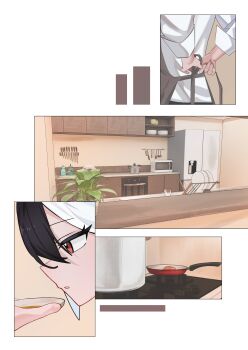 1girl absurdres adjusting_apron apron black_hair blue_archive brown_apron commentary cooking counter cupboard frying_pan hair_between_eyes highres indoors kayoko_(blue_archive) kitchen microwave multicolored_hair red_eyes refrigerator ryoya shirt stove time_lapse two-tone_hair white_hair white_shirt