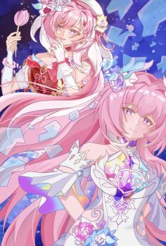 2girls absurdres bare_shoulders beret breasts broken_glass chinese_commentary commentary_request company_connection cyrene_(honkai:_star_rail) cyrene_(ripples_of_past_reverie)_(honkai:_star_rail) detached_sleeves diamond-shaped_pupils diamond_(shape) dress elf elysia_(hi_love_elf)_(honkai_impact) elysia_(honkai_impact) flower fox6269883 glass gloves hair_flower hair_ornament hat highres holding holding_flower honkai:_star_rail honkai_(series) honkai_impact_3rd inoue_marina large_breasts long_hair looking_at_viewer multicolored_hair multiple_girls pink_flower pink_hair pink_tulip pointy_ears purple_eyes red_dress single_glove sky smile star_(sky) starry_sky symbol-shaped_pupils tulip two-tone_hair very_long_hair voice_actor_connection white_dress white_gloves white_hair yanning