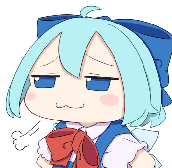 Rule 34 | 1girl, :3, absurdres, ahoge, blue bow, blue dress, blue eyes, blue hair, blush stickers, bow, bowtie, cirno, closed mouth, collared shirt, commentary, double-parted bangs, dress, fumo (doll), furrowed brow, hair bow, highres, ice, ice wings, kame (kamepan44231), pinafore dress, puff of air, red bow, red bowtie, shirt, short hair, short sleeves, simple background, sleeveless, sleeveless dress, solo, touhou, white background, white shirt, wings