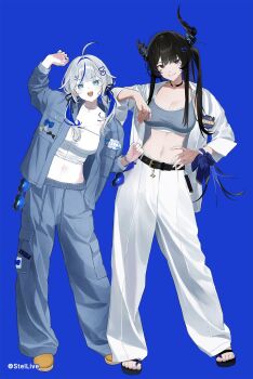 2girls :d ahoge aokumo_rin arm_on_another&#039;s_shoulder arm_up asymmetrical_horns belt black_belt black_choker black_hair blue_background blue_eyes blue_hair breasts brown_shoes cargo_pants choker colored_inner_hair commentary copyright_name cropped_shirt english_commentary eyewear_hang flower full_body grey_hair grey_jacket grey_pants grey_sports_bra grin hair_intakes hair_ornament hairclip hand_on_own_hip heart heart_hair_ornament heart_o-ring highres hololive hololive_english horn_flower horns jacket large_breasts looking_at_viewer low_twintails medium_breasts midriff mole mole_under_eye multicolored_hair multiple_girls navel nerissa_ravencroft o-ring o-ring_choker official_art open_mouth pants planetzer_0 sandals shirt shoes sidelocks simple_background smile sports_bra stellive streaked_hair twintails uneven_horns unworn_eyewear virtual_youtuber white_jacket white_pants white_shirt x_hair_ornament