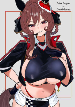 1girl absurdres animal_ears azur_lane belt black_gloves black_jacket black_skirt blush border braid braided_hair_rings breasts brown_hair character_name checkered_flag chinese_commentary cleavage clothing_cutout commentary_request cosplay cowboy_shot cropped_jacket cropped_shirt ear_covers earpiece english_text flag g_bael_suomi gentildonna_(umamusume) gloves grey_background grin hair_rings half_gloves hand_on_own_chest hand_on_own_hip heart-shaped_ornament heart_ear_ornament highres horse_ears horse_girl horse_tail iron_blood_(emblem) jacket large_breasts long_hair looking_at_viewer microphone microskirt navel open_clothes open_jacket outside_border panties panty_straps prinz_eugen_(azur_lane) prinz_eugen_(azur_lane)_(cosplay) prinz_eugen_(final_lap)_(azur_lane) race_queen red_border red_eyes red_panties sideboob sidelocks simple_background skirt smile solo standing tail two-tone_skirt umamusume underboob underboob_cutout underwear white_belt white_skirt