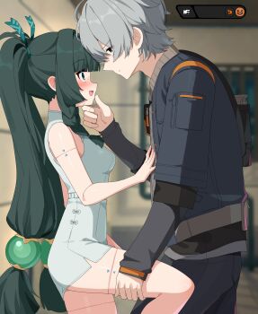 1boy 1girl absurdres android blue_jacket blush braid braided_sidelocks china_dress chinese_clothes closed_mouth commentary couple dress embarrassed eye_contact face-to-face grabbing_another&#039;s_chin green_eyes green_hair grey_hair hair_ornament hair_ribbon hand_on_another&#039;s_chin hand_on_another&#039;s_leg highres jacket long_hair looking_at_another open_mouth qingyi_(zenless_zone_zero) ribbon shirt short_dress short_hair side_braids sleeveless sleeveless_dress smile sphere_hair_ornament symbol-only_commentary twintails w.k white_dress wise_(zenless_zone_zero) zenless_zone_zero