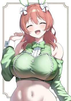 1girl :d absurdres animal_ears blush bow breasts brown_hair closed_eyes commentary emma_verde fake_animal_ears freckles green_shirt hair_between_eyes hair_bow happy highres large_breasts long_hair long_sleeves love_live! love_live!_nijigasaki_high_school_idol_club navel open_mouth rabbit_ears shirt smile solo taut_clothes taut_shirt upper_body white_background white_bow yuu_(shampoohatslime)