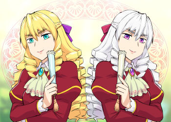 Rule 34 | 2girls, akuyaku reijou tensei ojisan, alternate eye color, alternate hair color, ascot, blonde hair, blue eyes, braid, brooch, commentary request, dress, drill hair, drill sidelocks, dual persona, folded fan, folding fan, grace auvergne, hair between eyes, hair ribbon, half up braid, hand fan, holding, holding fan, jewelry, juliet sleeves, long hair, long sleeves, looking at viewer, multiple girls, official art, puffy sleeves, purple eyes, purple ribbon, red dress, red ribbon, ribbon, sidelocks, smile, thick eyebrows, ueyama michirou, upper body, white hair