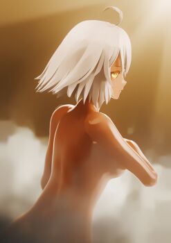 1girl 3d 3d_background ahoge blender_(medium) blender_(object) blurry cloud completely_nude dark-skinned_female dark_skin depth_of_field facing_viewer fate/apocrypha fate/grand_order fate_(series) fog glowing glowing_eyes highres jeanne_d&#039;arc_alter_(fate) looking_at_viewer mature_female nude pov realkansen sun tan topless_female white_hair yellow_eyes