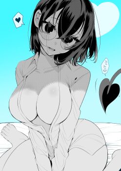 Rule 34 | 1girl, absurdres, barefoot, blue background, breasts, collarbone, collared shirt, commentary request, demon tail, glasses, greyscale with colored background, heart, highres, koi to senrigan to aonisai, open clothes, open mouth, open shirt, ouchi kaeru, shirt, short hair, smile, solo, spoken heart, tail