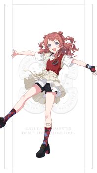 Rule 34 | 1girl, blue eyes, buttons, english text, fingerless gloves, gakuen idolmaster, game cg, gloves, hanami saki, high heels, idol clothes, idolmaster, kneehighs, official art, open mouth, outstretched arms, red hair, shirt, short shorts, shorts, single glove, socks, solo, white shirt