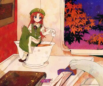 1girl book cat clothes_lift commentary_request cup green_hat green_skirt green_vest hat hong_meiling itomugi-kun knife long_skirt looking_down mini_person minigirl night red_hair sitting skirt skirt_lift solo tea touhou vest window