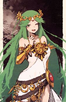 Rule 34 | 1girl, absurdres, chain, circlet, commentary, commission, english commentary, finger to own chin, gold chain, green eyes, green hair, highres, kid icarus, kid icarus uprising, long hair, looking at viewer, nintendo, one eye closed, palutena, pillarboxed, rnna, signature, solo, very long hair