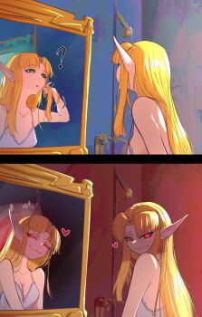 1girl ? absurdres blonde_hair breasts dark_persona eranahh glowing glowing_eyes heart highres jewelry long_hair looking_at_viewer medium_breasts mirror nintendo open_mouth pointy_ears princess_zelda red_eyes smile the_legend_of_zelda