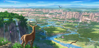 absurdres bird blue_sky commentary_request day deer eagle flock flower forest grass highres landscape nature no_humans original outdoors purple_flower river scenery shiki_makoto sky valley water waterfall white_bird