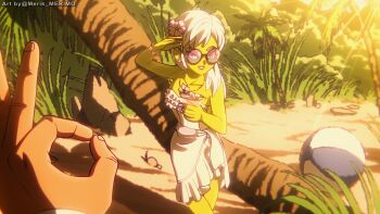 1boy 1girl bare_shoulders blurry blurry_background breasts broly_(dragon_ball_super) cheelai cleavage colored_skin dragon_ball dragon_ball_super dragon_ball_super_broly dress forest green_skin highres long_hair medium_breasts merik_(merimo) nature outdoors pov purple_lips smile solo_focus sunglasses sunlight white_dress white_hair