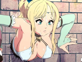 1girl 3boys animated animated_gif blonde_hair blue_eyes bouncing_breasts breasts cleavage covered_erect_nipples cum cum_in_mouth elf kabe_ni_hamatte_ugokenai!_2 large_breasts long_hair multiple_boys nighthawk_(circle) pointy_ears rape spitting spitting_cum through_wall what