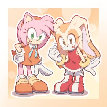 2girls amy_rose bare_legs boots bracelet brown_eyes child clothes_swap cream_the_rabbit dress gloves green_eyes hedgehog jack_b_seres jewelry legs long_ears medium_hair multiple_girls rabbit sega shoes size_difference smile socks sonic_(series) tail