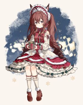 Rule 34 | 1girl, ahoge, alternate hairstyle, animal ears, breasts, brown eyes, brown hair, full body, gift, highres, horse ears, horse tail, looking at viewer, medium breasts, mejiro bright (umamusume), migolu, official alternate costume, shoes, simple background, smile, solo, tail, twintails, twitter username, umamusume, white background