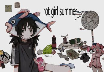 1girl absurdres adidas aphex_twin black_shirt bottle can charging_device closed_mouth commentary doraemon doraemon_(character) earbuds earphones electric_fan english_text expressionless fffkorobka fish_hat hibari_(senran_kagura) highres holding holding_can koiwai_yotsuba kuroki_tomoko long_hair monster_energy nakahara_komugi nurse_witch_komugi-chan ononoki_yotsugi qr_code senran_kagura shirt sitting socks soda_bottle sticker sticker_on_face tamagotchi watashi_ga_motenai_no_wa_dou_kangaetemo_omaera_ga_warui! white_socks